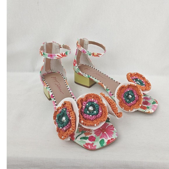 Betsey Johnson Shoes - Betsey Johnson Floral Ankle-Strap Sandals with Orange Crochet Flowers
